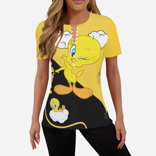 Tweety Women's Slim T-Shirt Button Closure-Imitation Cotton 170 GSM
